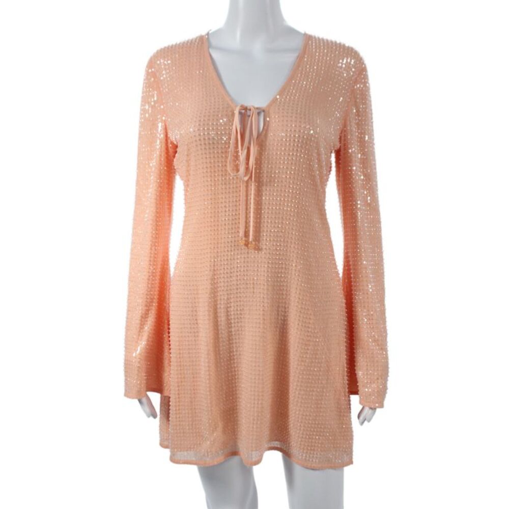 Toccin Womens Pink Sequin V-Neck Shift Dress Long Sleeve Drawstring Size S